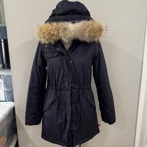 Bernardo navy blue heavy winter jacket fur trim